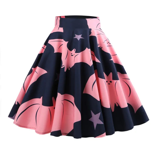 Halloween Skirt Ghost Kawaii Bat Print High Waist Hepburn Vintage Zipper Cotton A-Line Skirts 60s 50s Women&#39;s Christmas Vestidos
