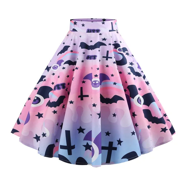 Halloween Skirt Ghost Kawaii Bat Print High Waist Hepburn Vintage Zipper Cotton A-Line Skirts 60s 50s Women&#39;s Christmas Vestidos